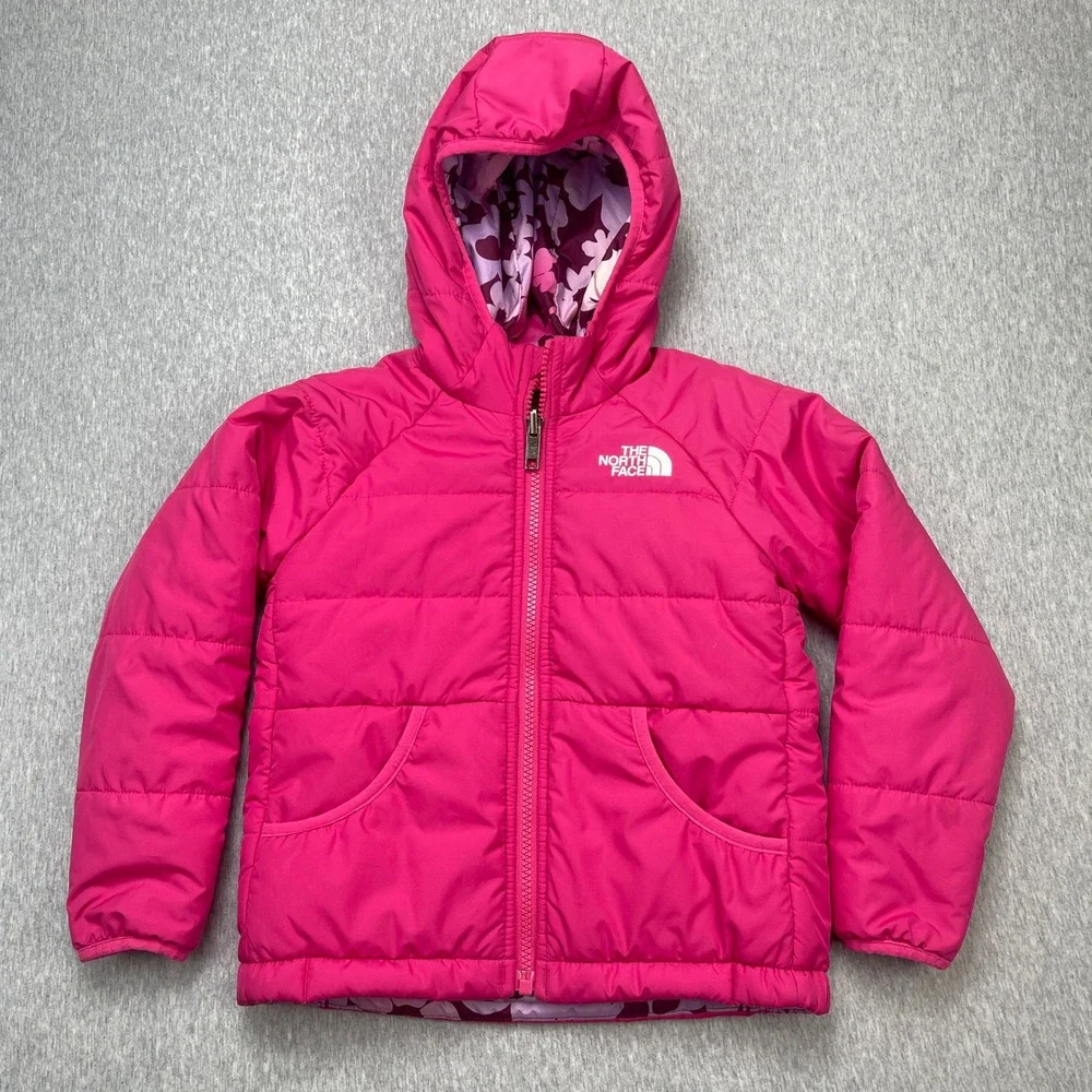 The North Face Puffer Jacket Kids 4 Reversible Pink Floral Hooded Insulated EUC